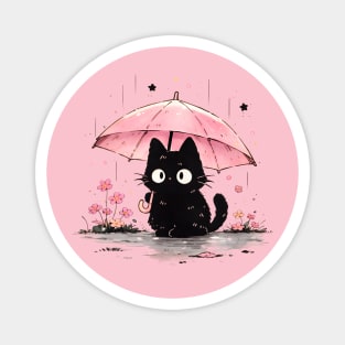 Cute Black Cat With Pink Umbrella Magnet
